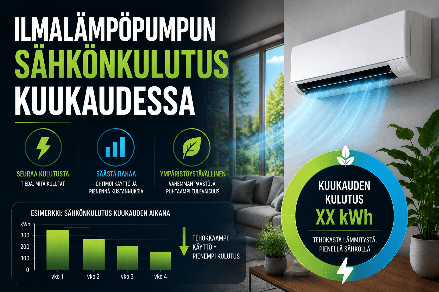 Ilmalämpöpumpun sähkönkulutus kuukaudessa
